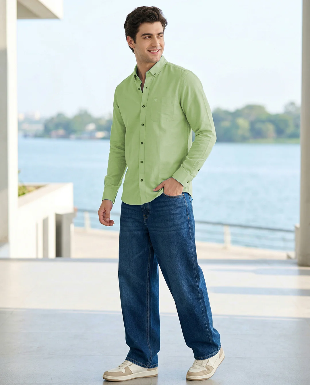 Full-Sleeve Breeze Linen Shirt in Parrot Green - Image 3
